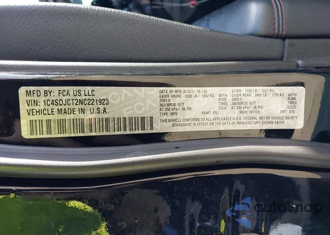 2022 Dodge Durango R/T Awd z USA, uszkodzony, nr VIN 1C4SDJCT2NC221923